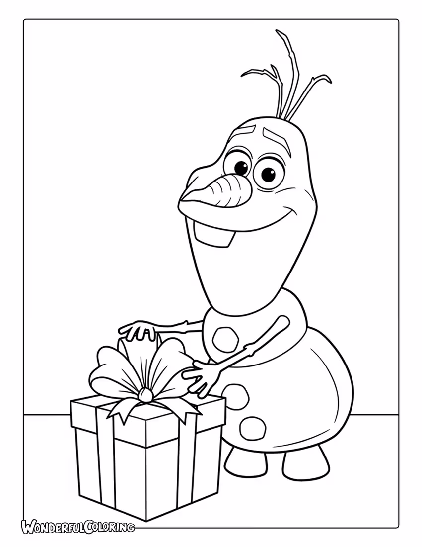 Coloring of Olaf Opening Christmas Present