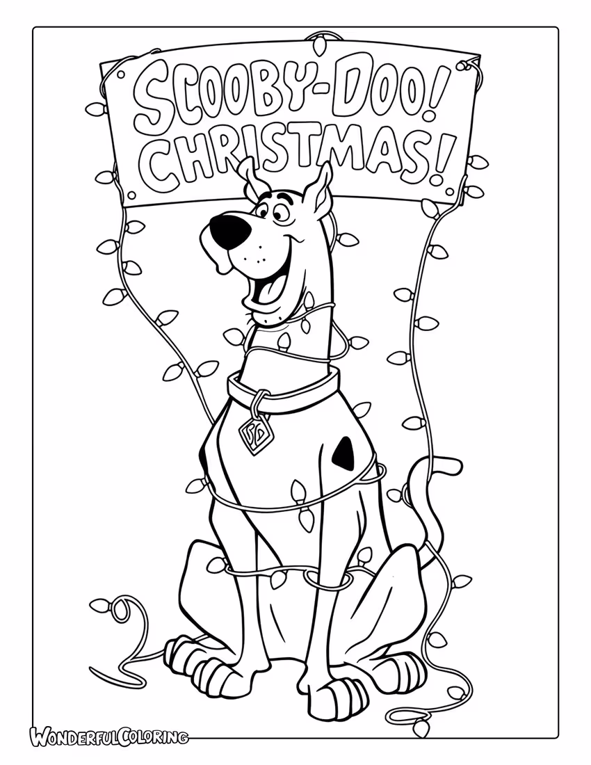 Scooby Doo Christmas coloring page of Scooby tangled in lights