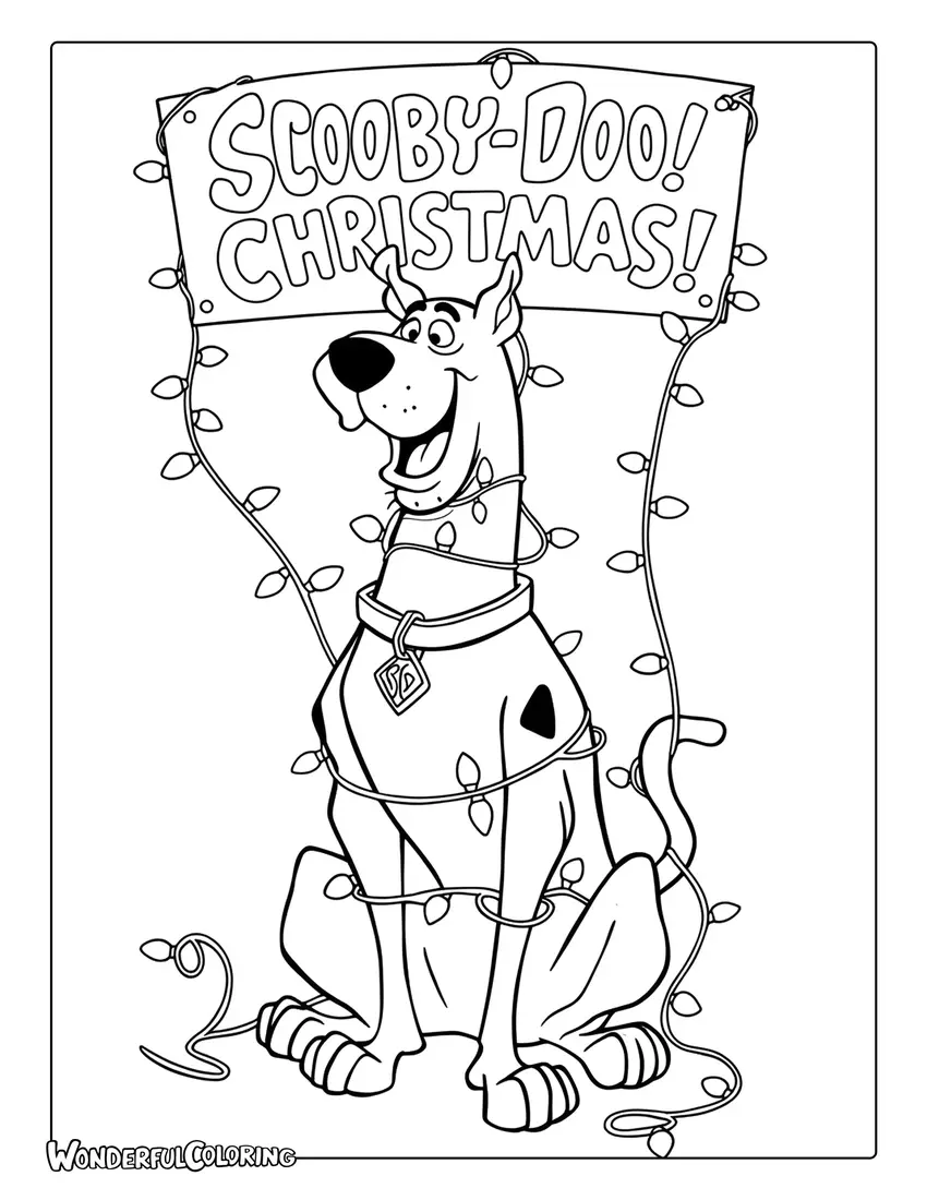 Scooby Doo Christmas coloring page of Scooby tangled in lights