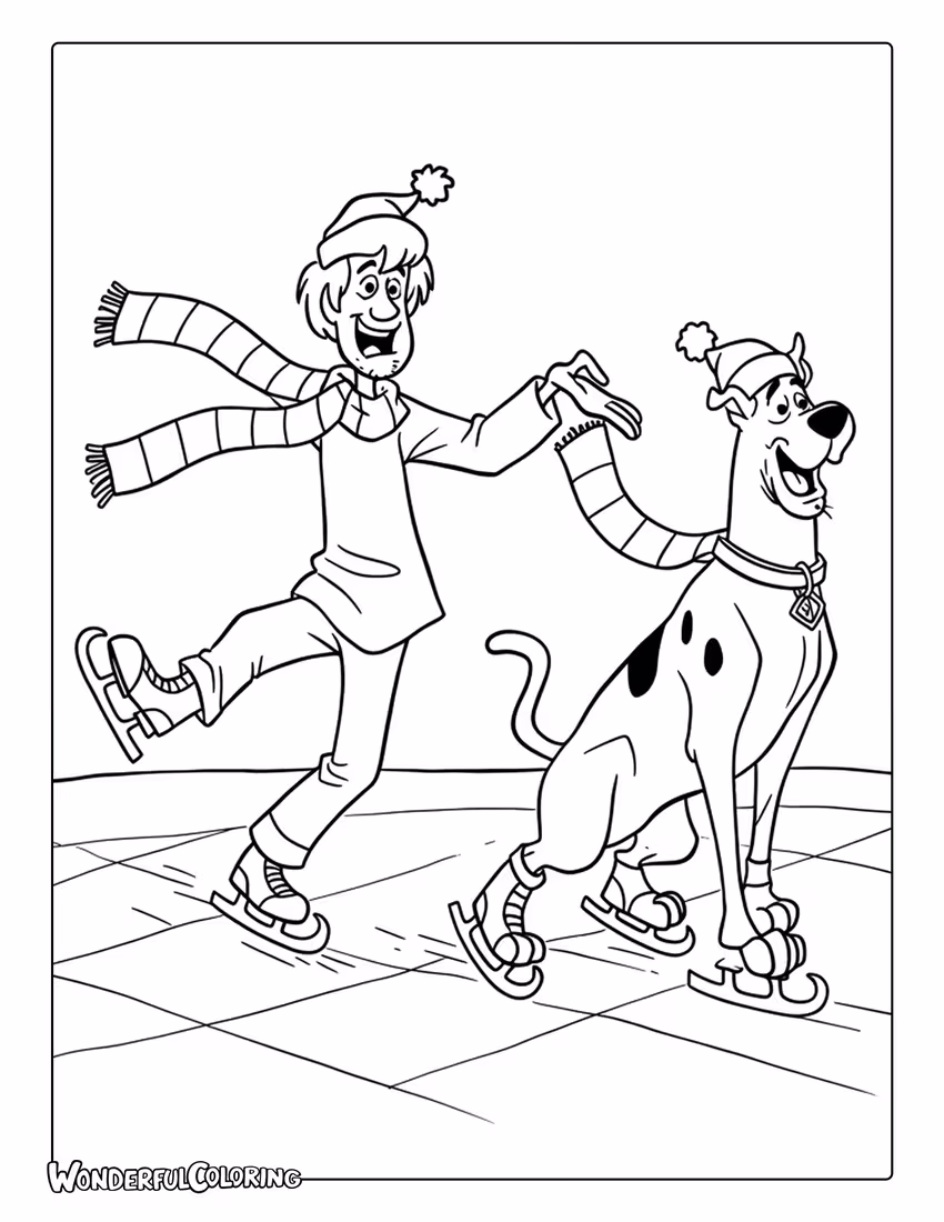 Coloring of Scooby Doo and Shaggy ice skating at Christmas