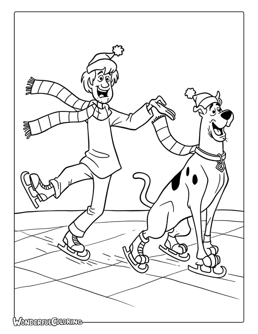 Coloring of Scooby Doo and Shaggy ice skating at Christmas