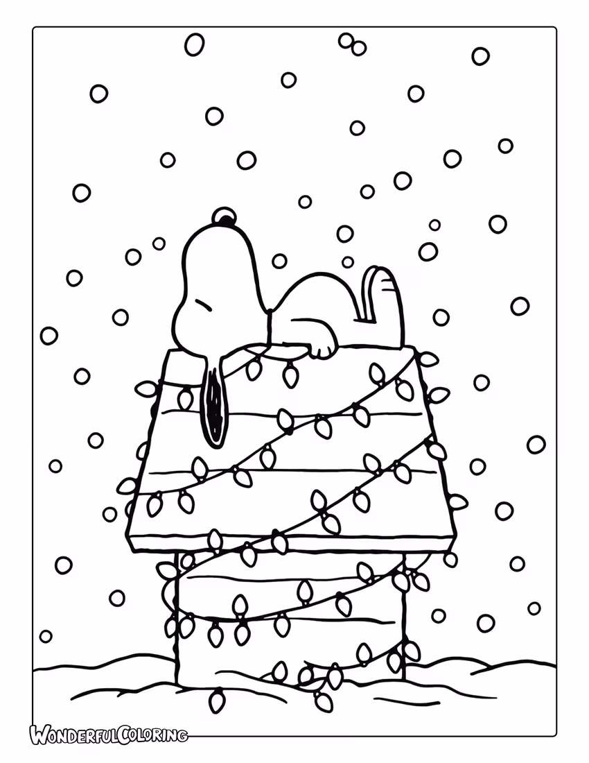 Snoopy Christmas coloring page of Snoopy sleeping on a decorated doghouse in the snow