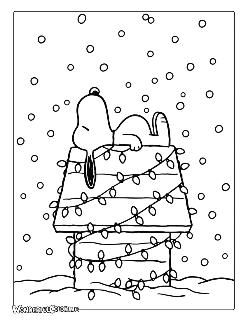 Snoopy Christmas coloring page of Snoopy sleeping on a decorated doghouse in the snow