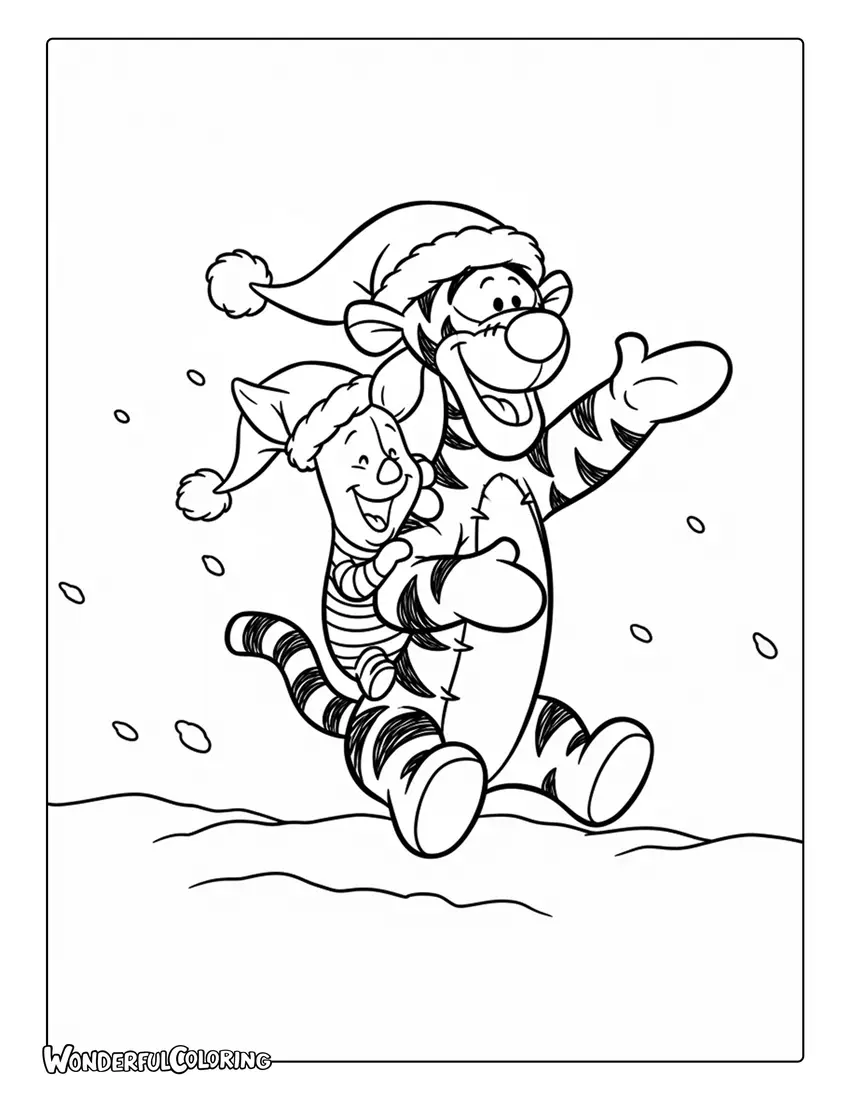 Coloring of Tigger in Santa Hat Bouncing with Piglet