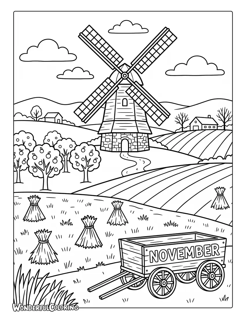 November countryside coloring page with traditional windmill, harvested fields, orange autumn trees, and wooden wagon
