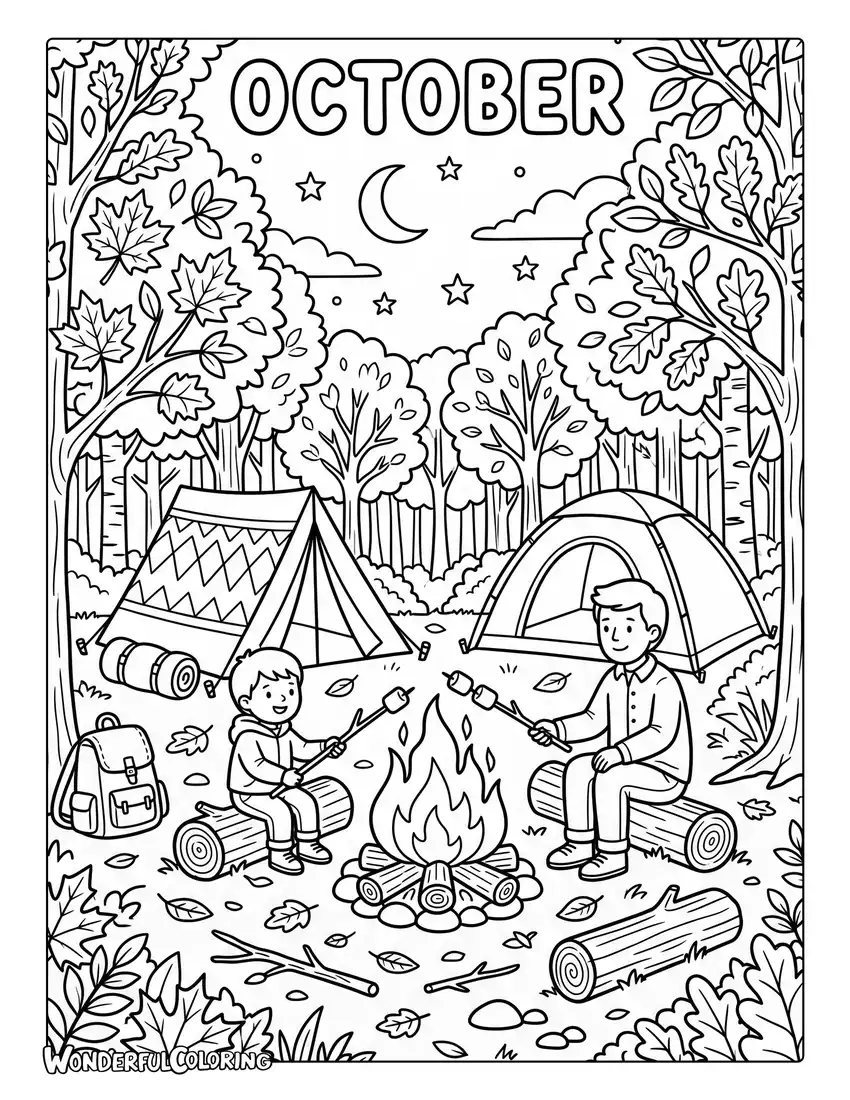 Cozy autumn campfire coloring page with tent, marshmallows, colorful trees, and starry sky