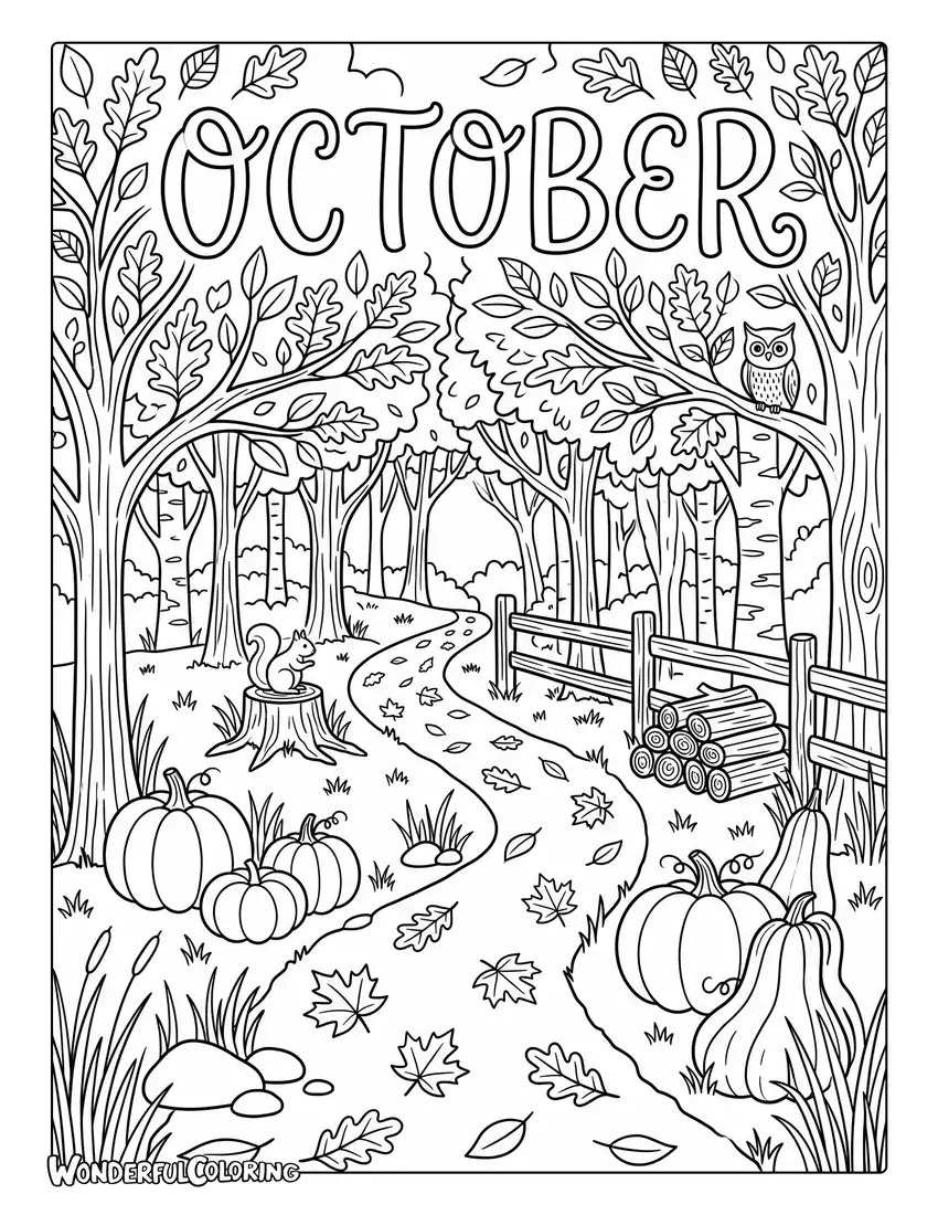 Cozy autumn forest coloring page with golden leaves, pumpkins, winding path, and sunlight
