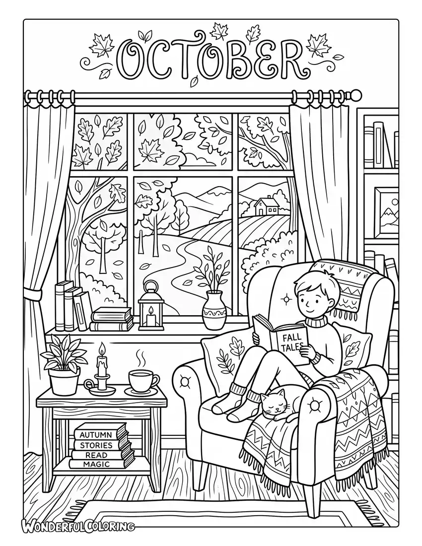 Cozy autumn reading nook coloring page with books, blanket, candles, tea, and fall trees