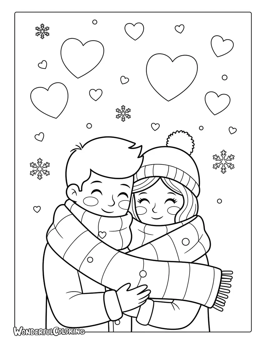 Cozy cute couple sharing scarf coloring page