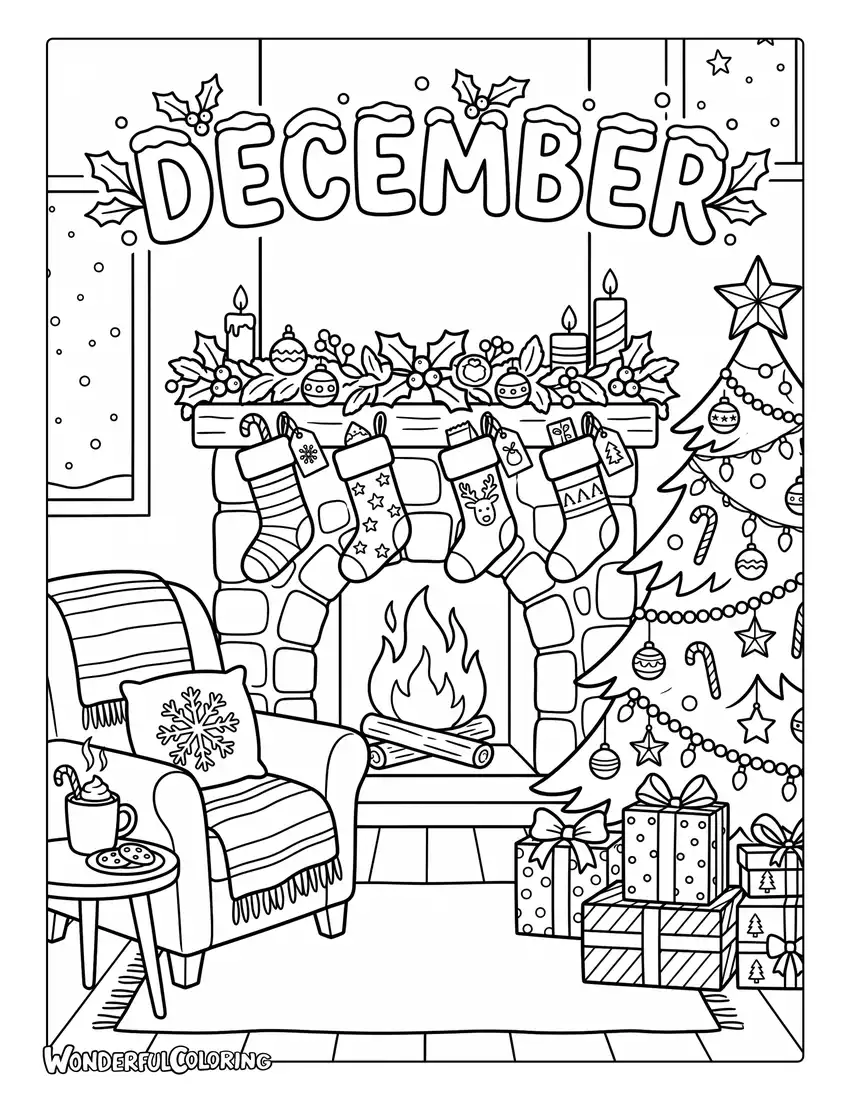 December fireplace coloring page with Christmas stockings, a decorated tree, wrapped presents, hot cocoa, and cozy blankets