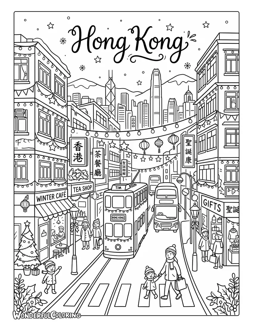 Cozy Hong Kong street with tram and cafes coloring page