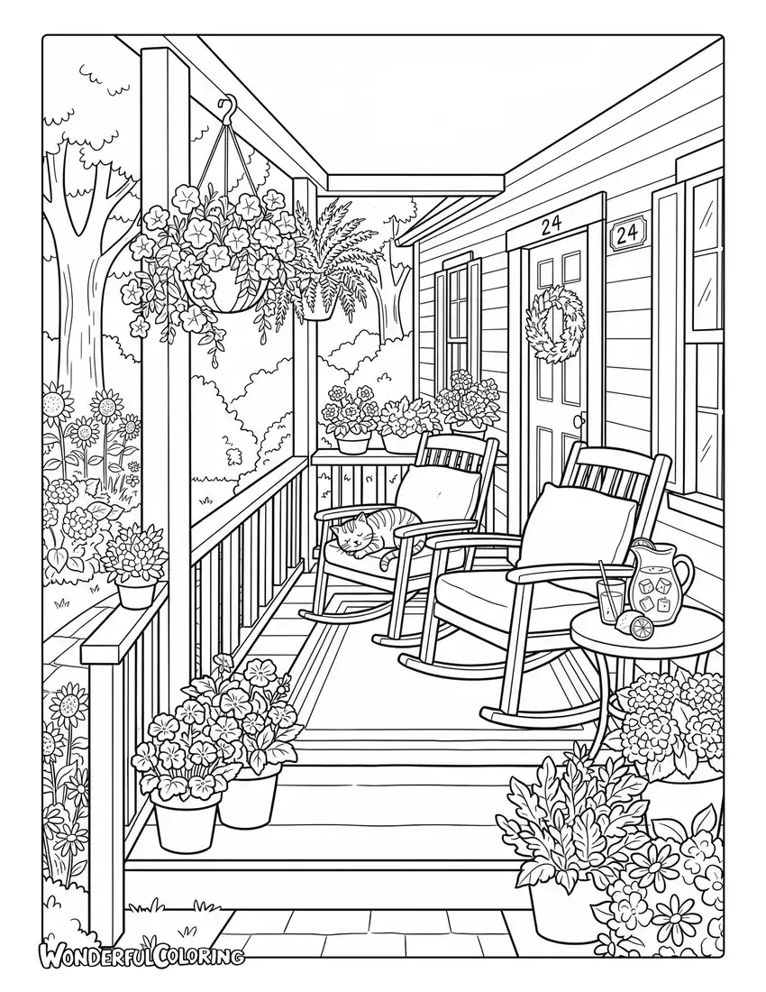 Cozy July front porch coloring page with rocking chairs and cat