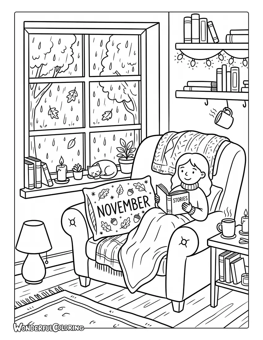 November reading nook coloring page with stacked books, cozy blankets, candles, comfortable chair, and rainy window