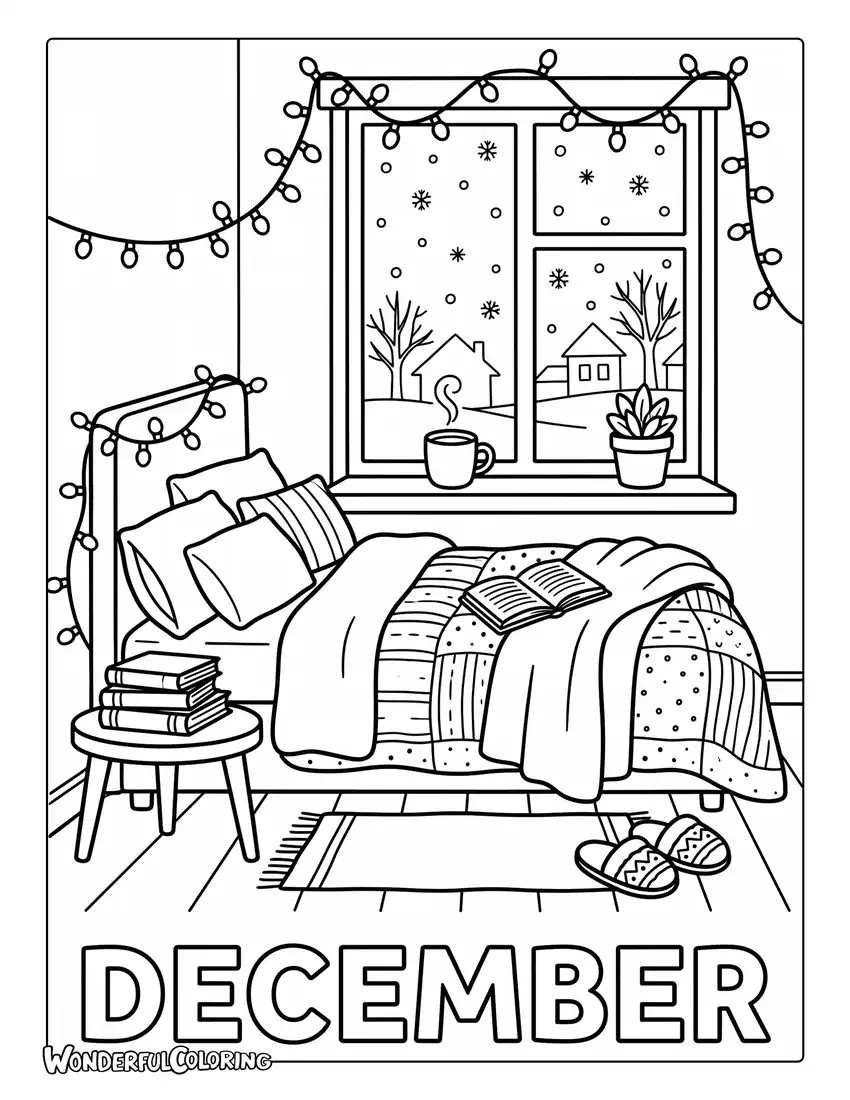 December cozy bedroom coloring page with soft blankets, fairy lights, books, a warm drink, and a snowy window