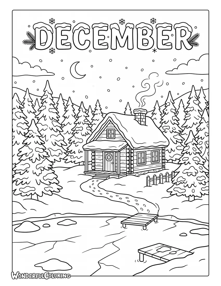 December winter cabin coloring page with a cozy snowy cabin, pine trees, glowing windows, and a frozen lake