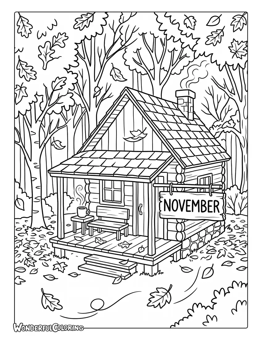 November woodland cabin coloring page featuring cozy cabin, golden autumn trees, steaming mug, rustic porch, and falling leaves