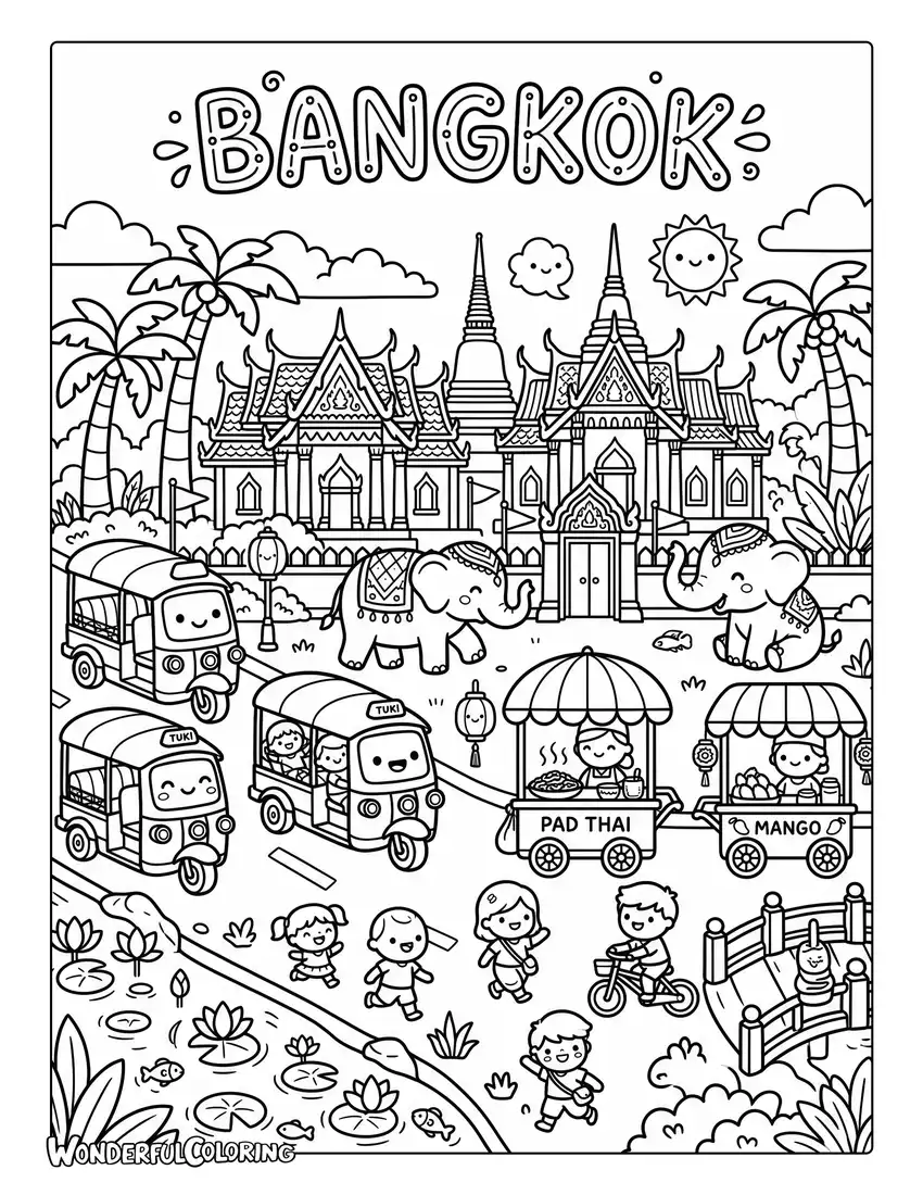Cute Bangkok kawaii coloring page with smiling tuk-tuks, tiny temples, elephants, lotus flowers, street food carts, and palm trees