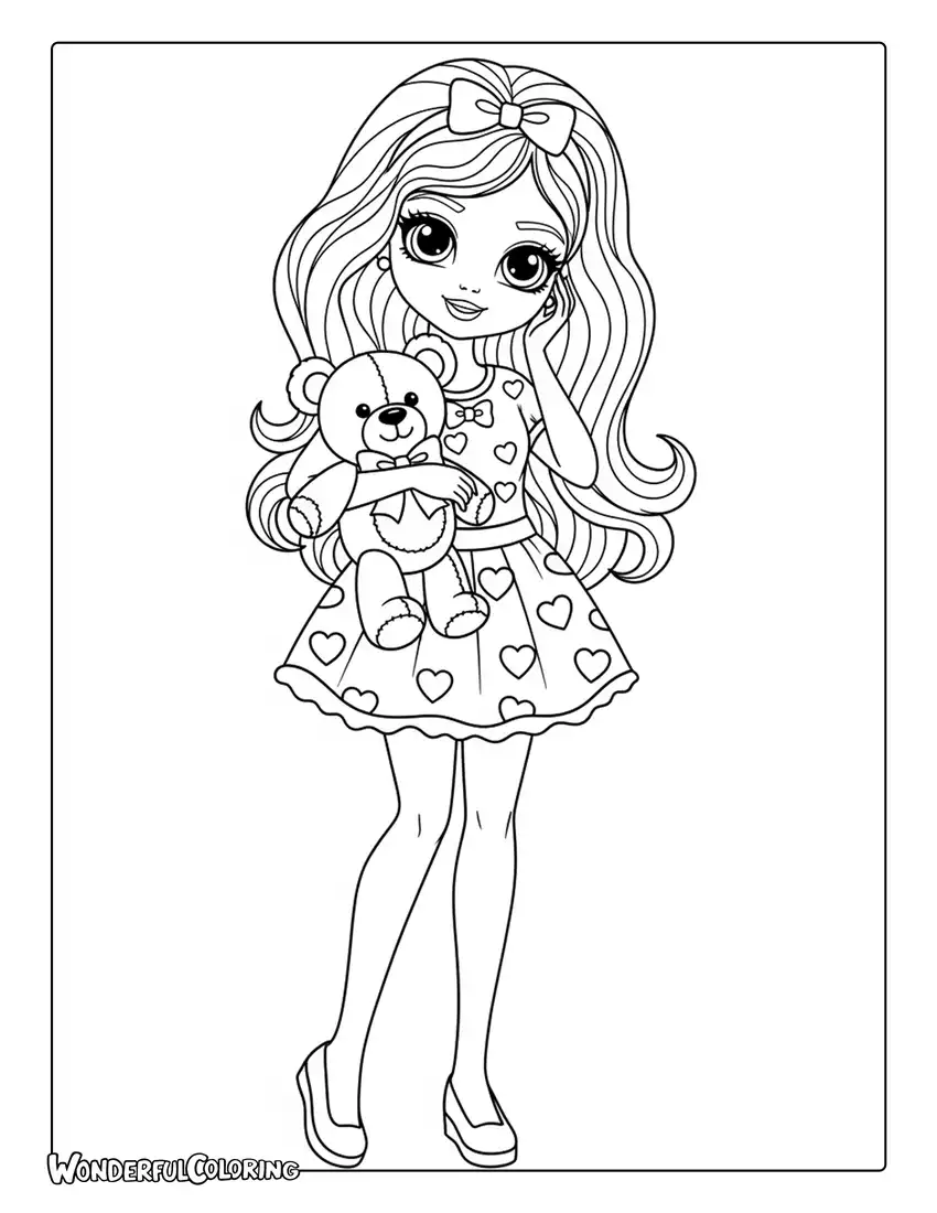 cute Barbie holding teddy bear coloring page