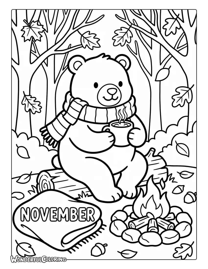 November bear coloring page with cute bear wearing knitted scarf, hot cocoa, glowing campfire, autumn trees, and cozy blanket