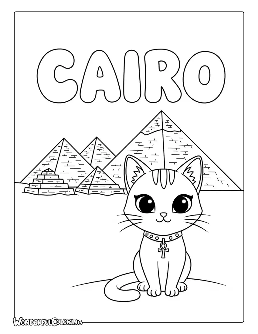 Cute Egyptian cat coloring page with pyramids