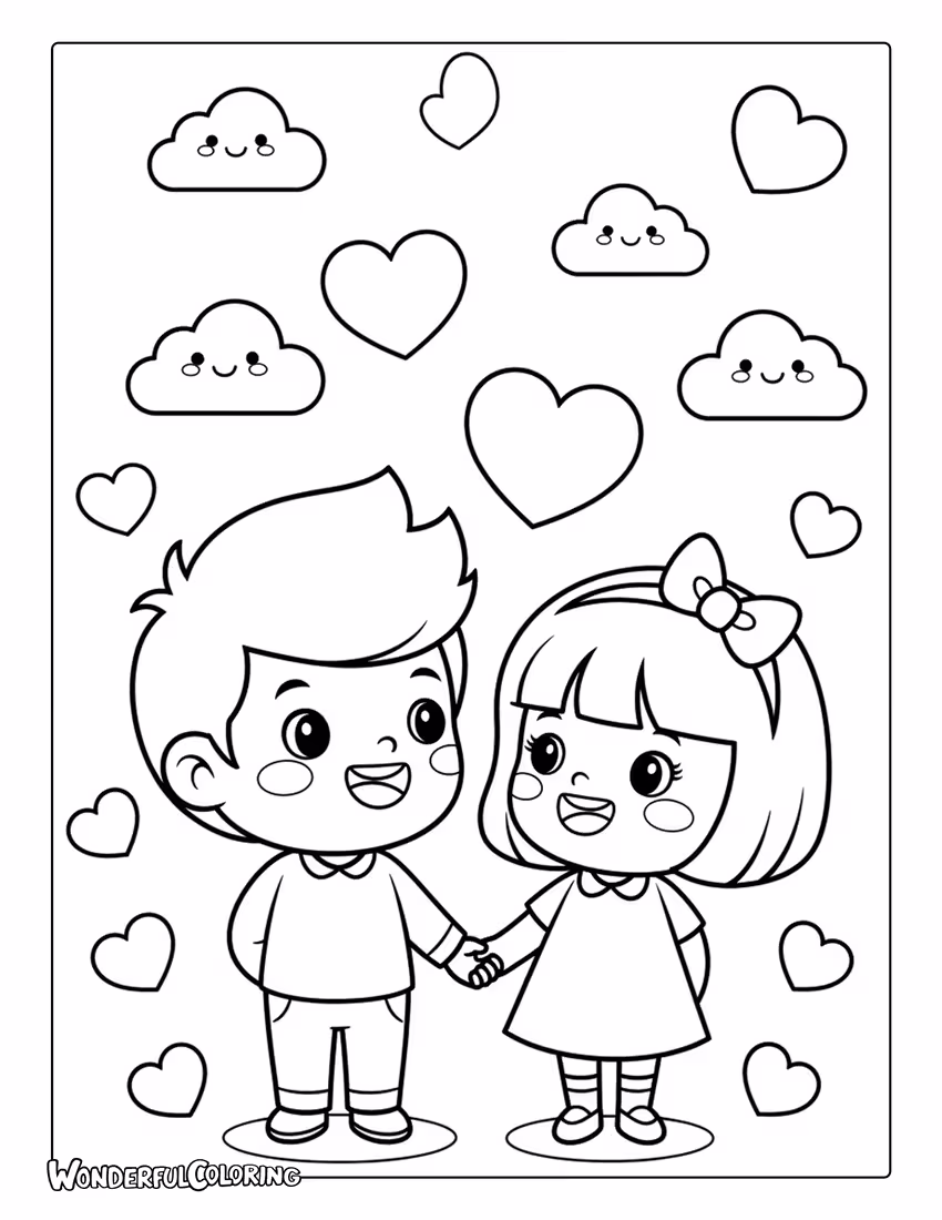 Cute cartoon couple holding hands with hearts coloring page