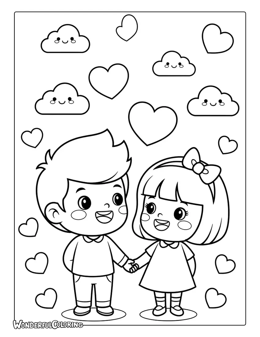 Cute cartoon couple holding hands with hearts coloring page
