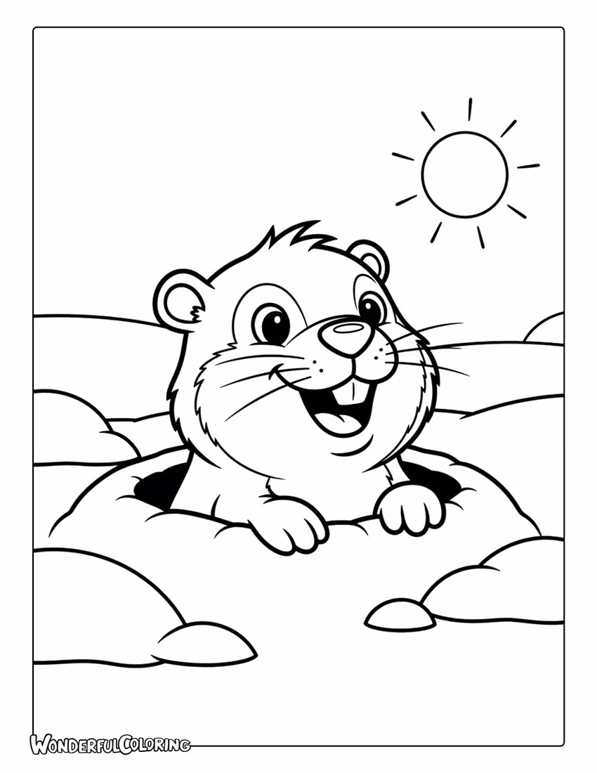 Cute groundhog winter scene coloring page for Groundhog Day