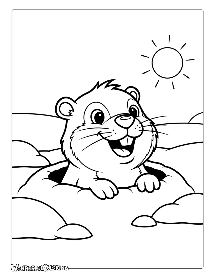 Cute groundhog winter scene coloring page for Groundhog Day