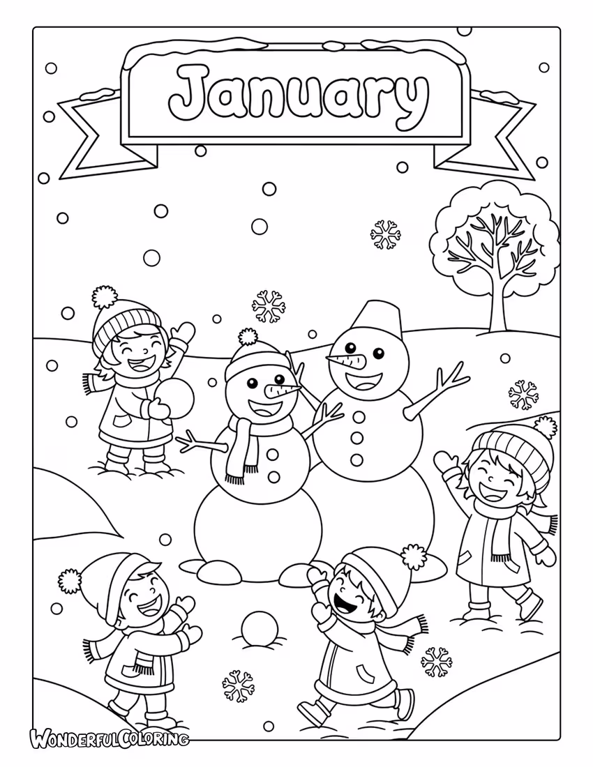 Cute cartoon January coloring page with smiling snowmen, children in winter coats, and falling snow