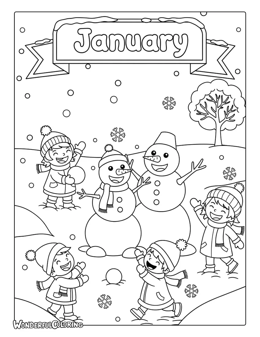 Cute cartoon January coloring page with smiling snowmen, children in winter coats, and falling snow