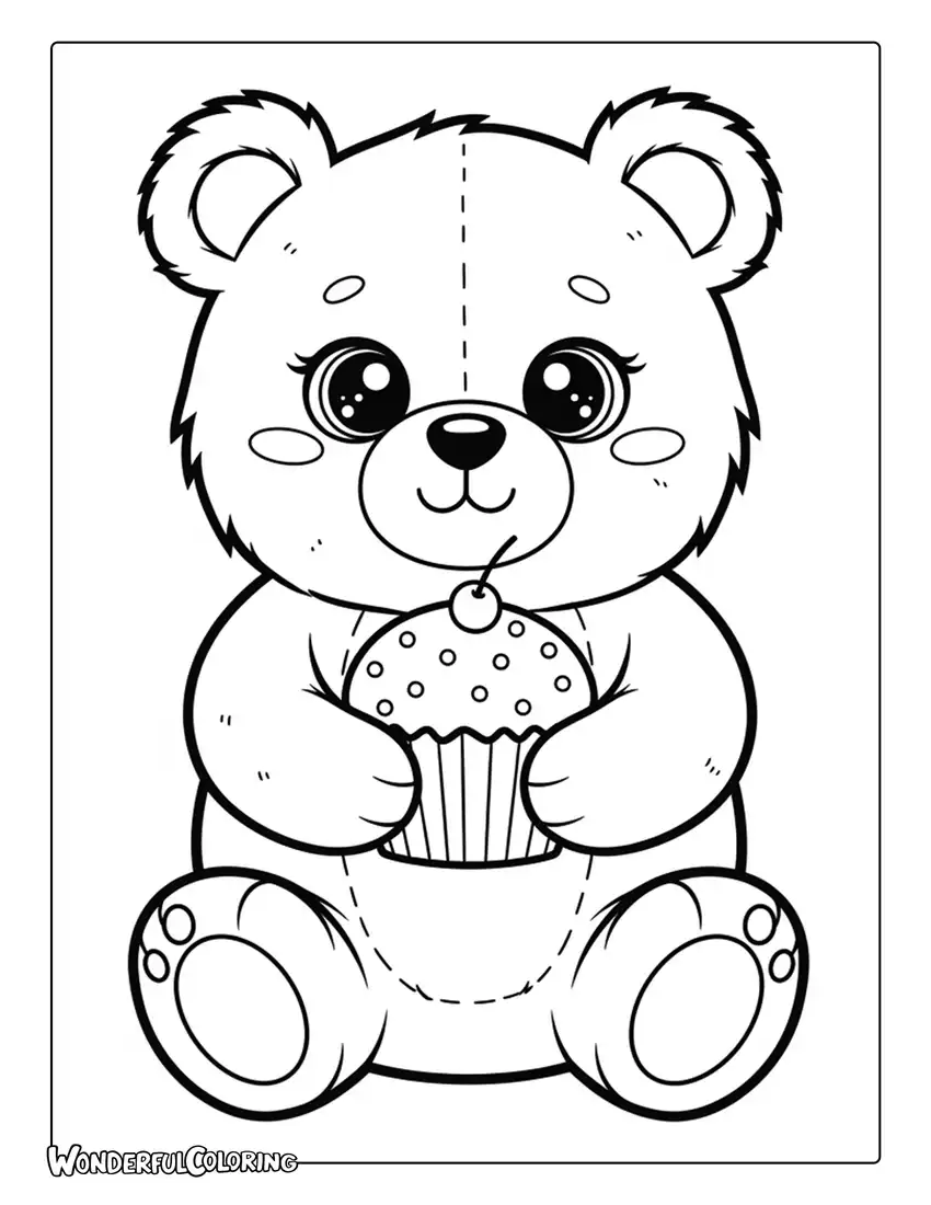 Cute chubby teddy bear holding cupcake kawaii coloring page