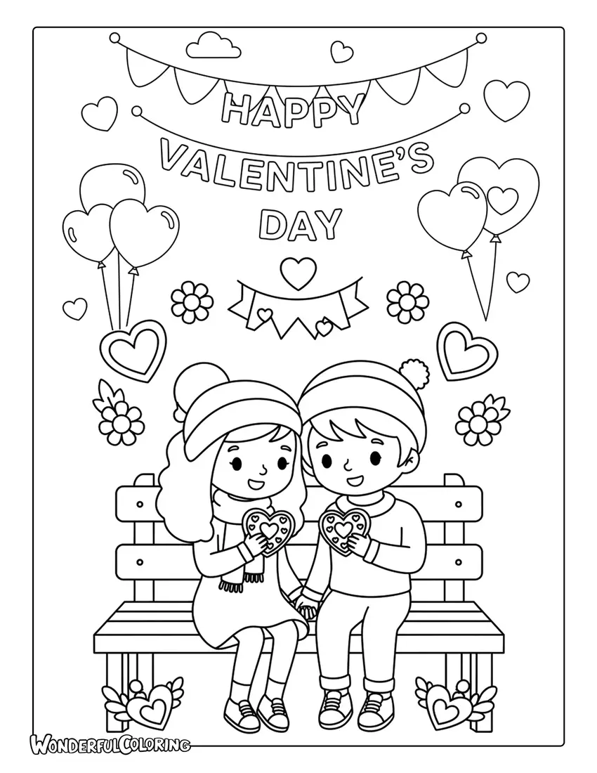 Cute couple sharing cookies on park bench coloring page