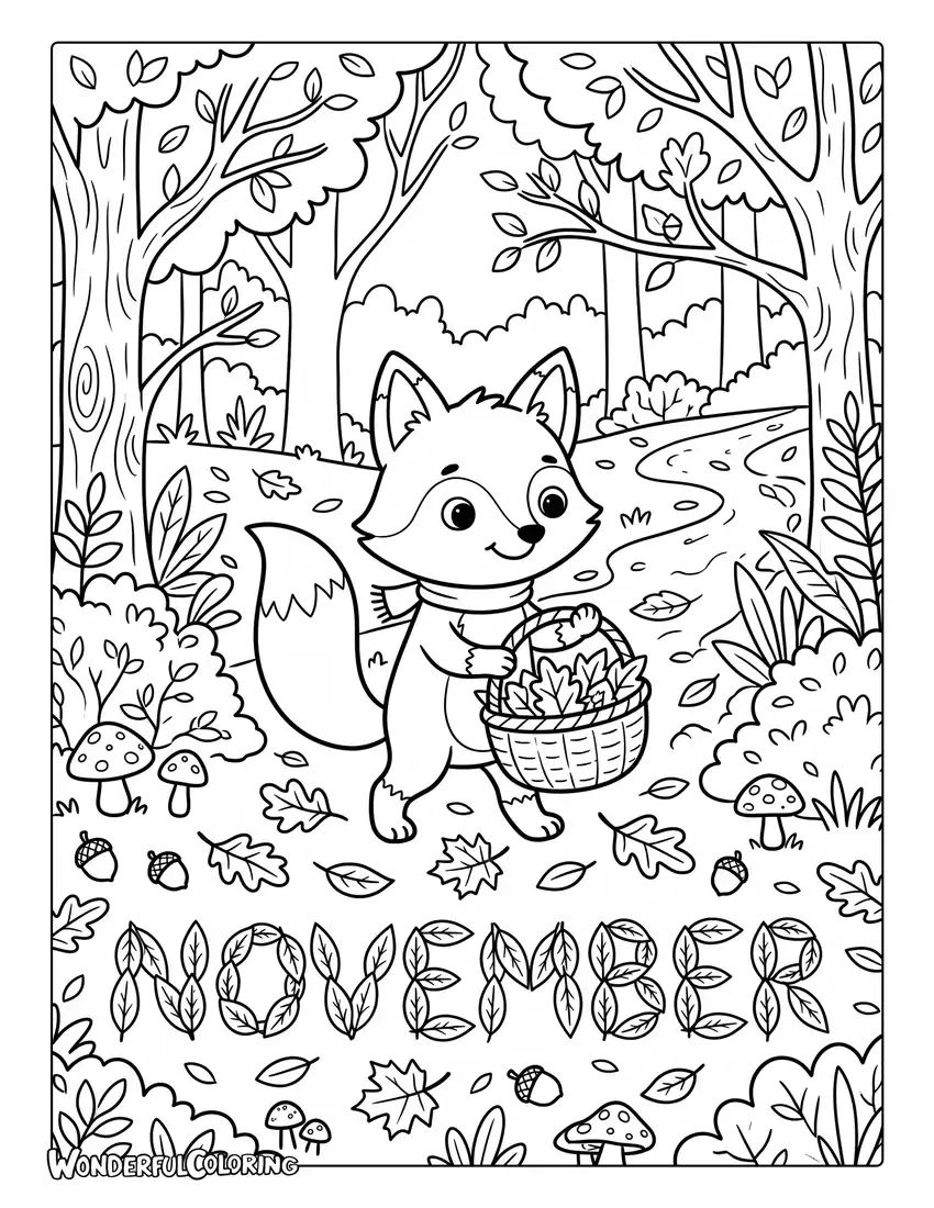 November fox coloring page featuring cute fox, colorful fallen leaves, acorns, mushrooms, and woodland clearing