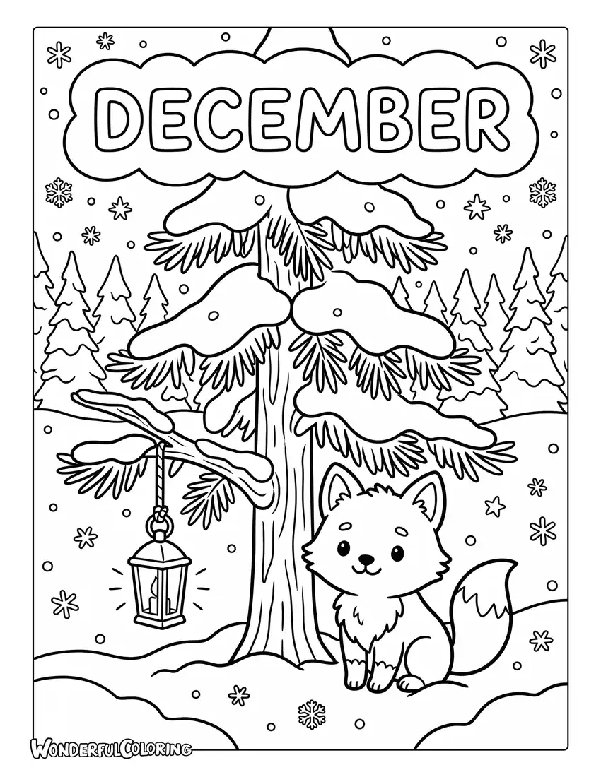 December fox coloring page with a cute fox sitting beneath a snow-covered tree beside a glowing lantern