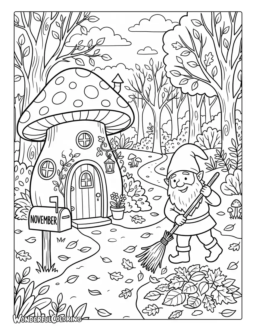 November gnome coloring page featuring cute gnome, sweeping autumn leaves, tiny mushroom house, and miniature mailbox