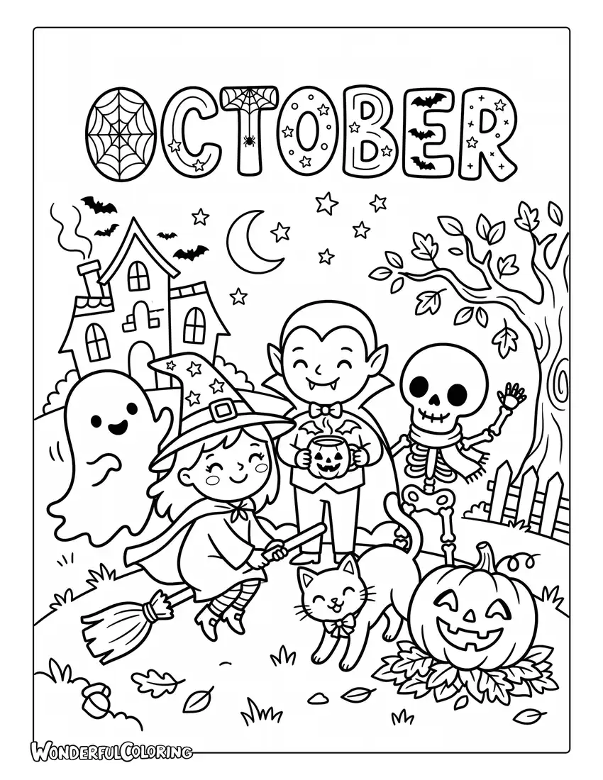 Cute Halloween characters coloring page with ghost, witch, vampire, skeleton, cat, and pumpkin