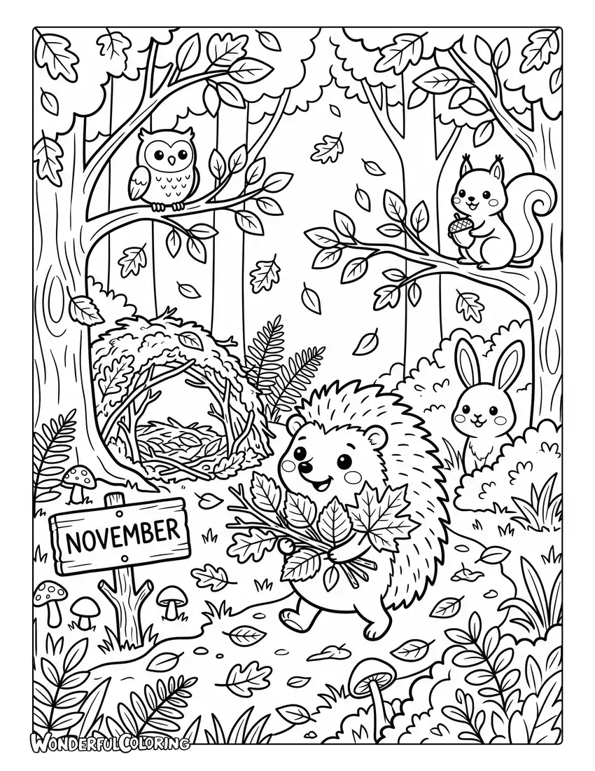 November hedgehog coloring page featuring cute hedgehog, cozy leaf nest, woodland animals, and fallen leaves