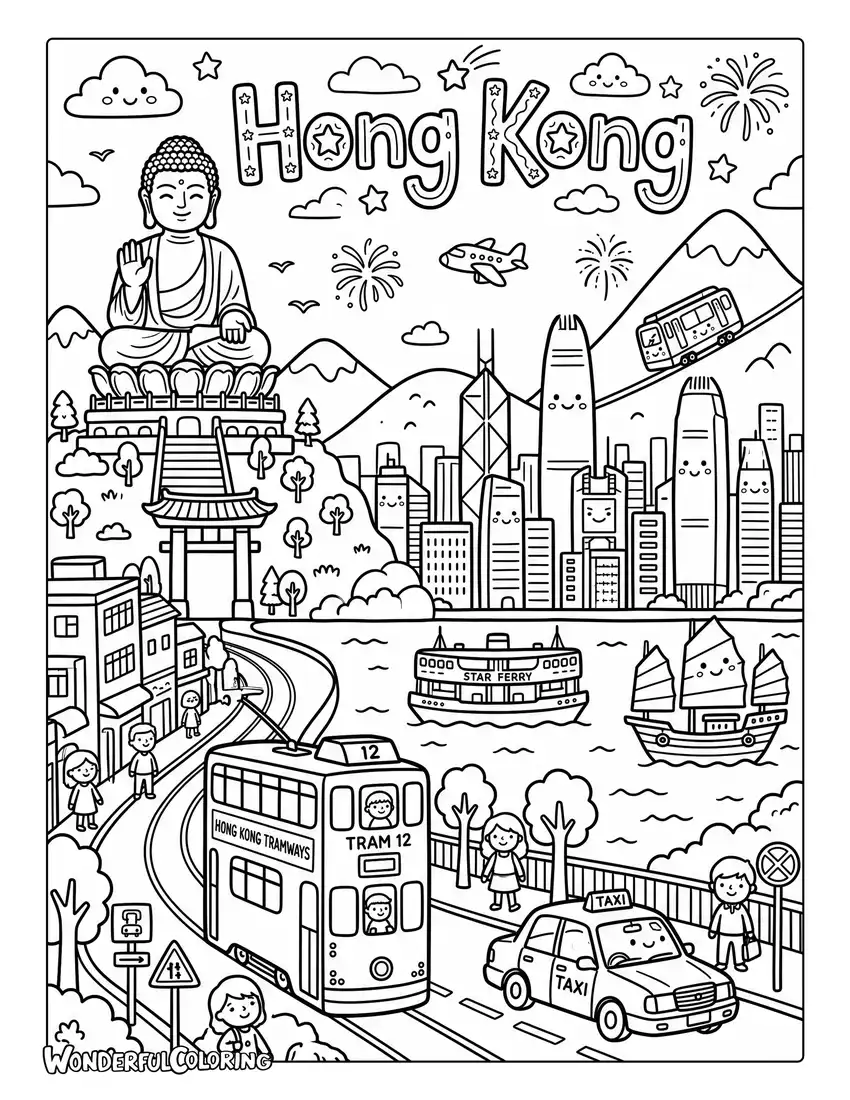 Cute Hong Kong landmarks with Big Buddha and red taxi coloring page