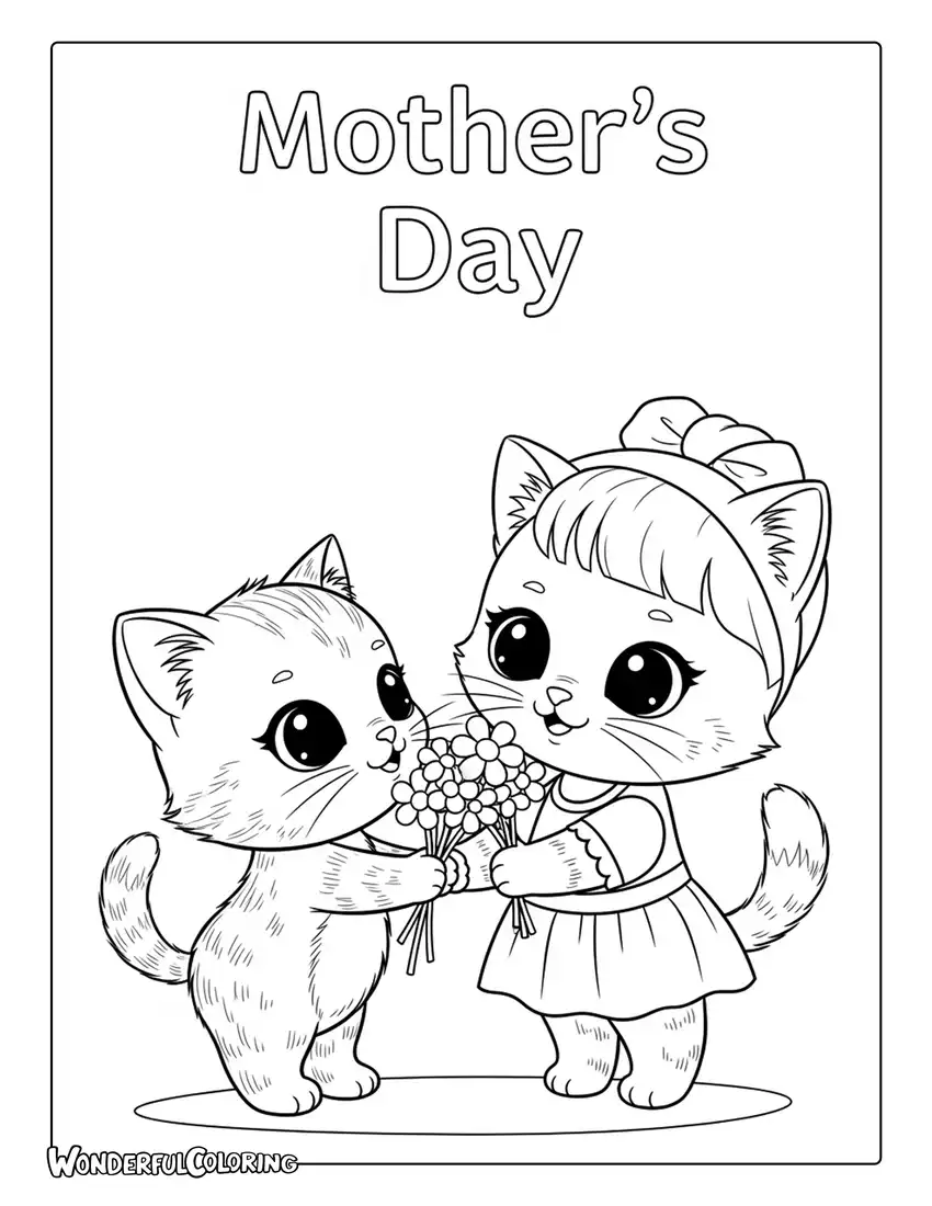 cute mothers day kitten giving flowers coloring page