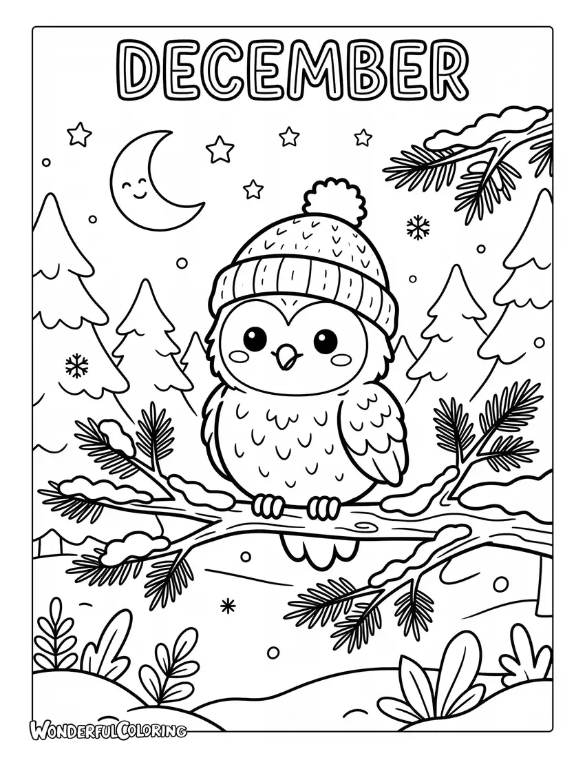 December owl coloring page with a cute owl wearing a knitted hat on a snowy tree branch beneath the moonlight