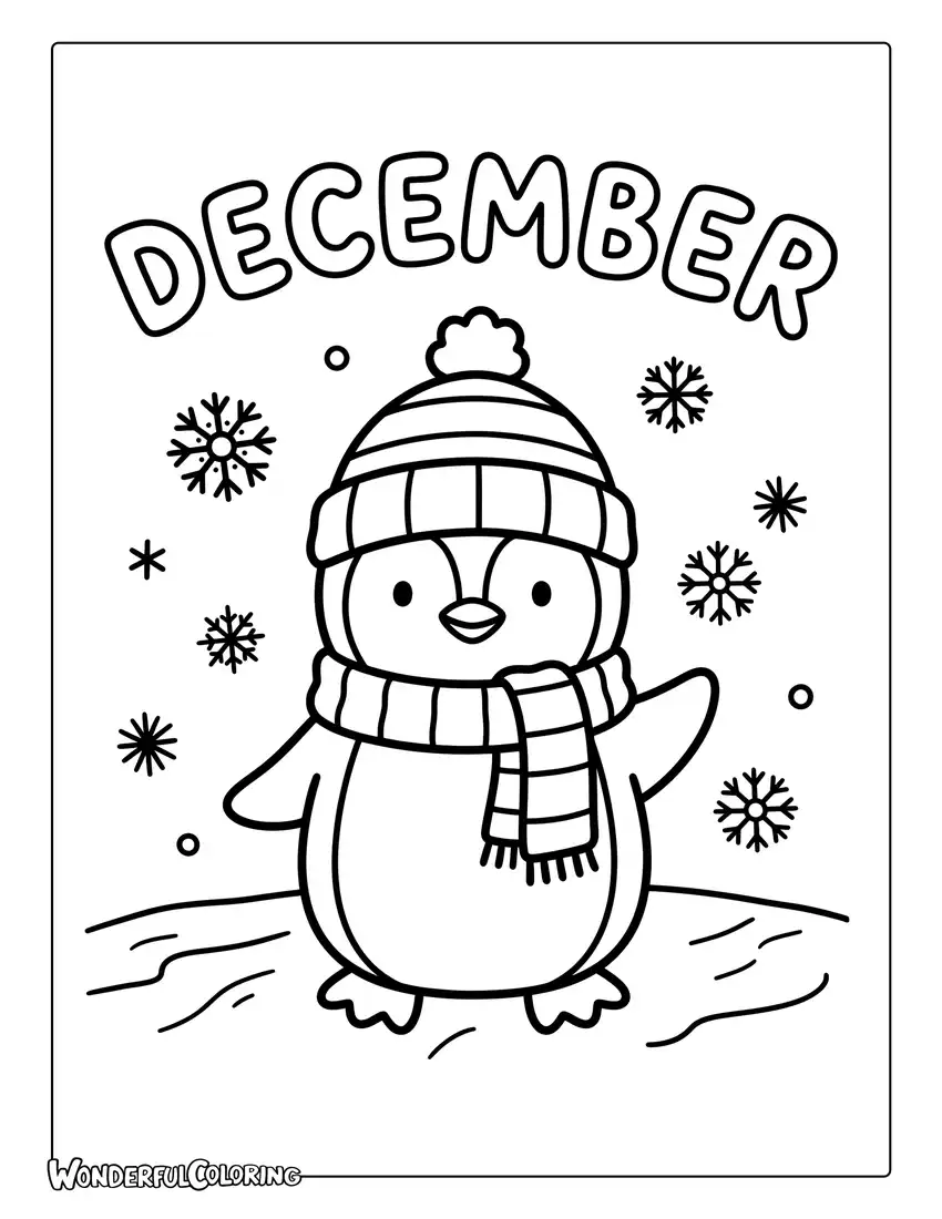 December penguin coloring page with a cute penguin wearing a winter hat and scarf standing on ice