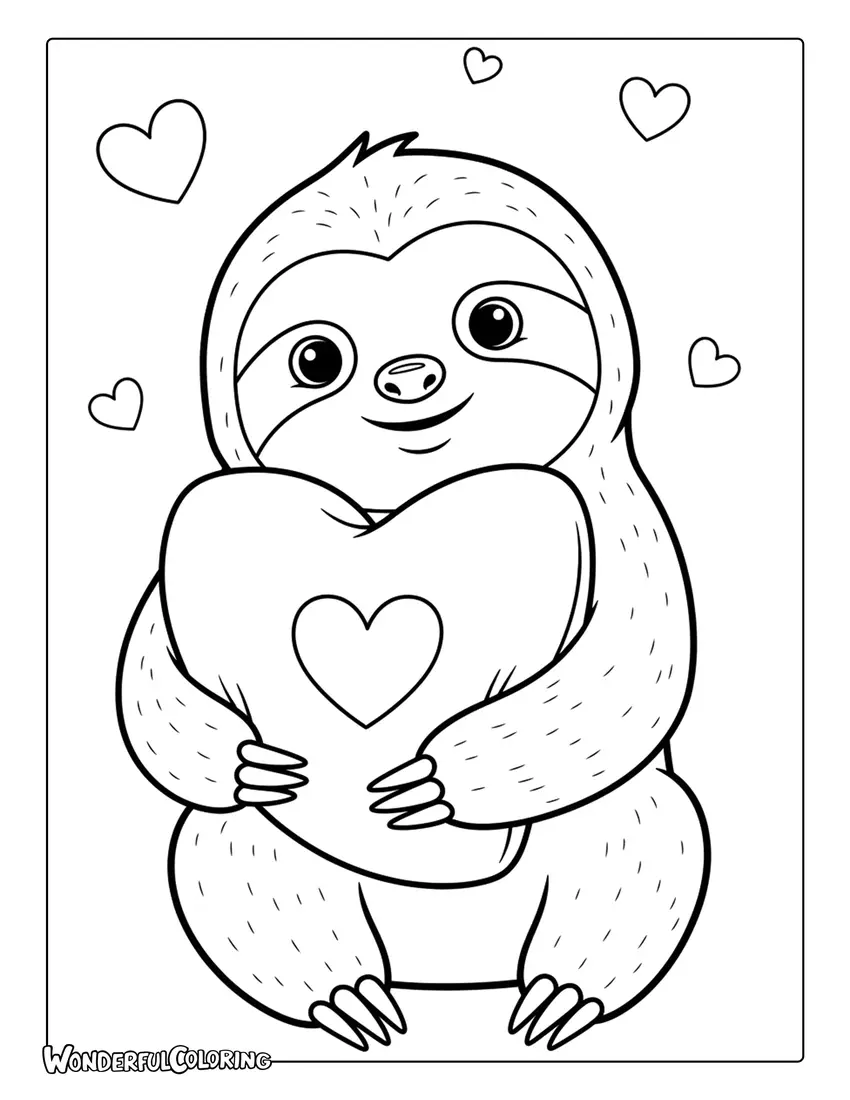 Cute sloth hugging a heart pillow, cozy Valentine coloring page