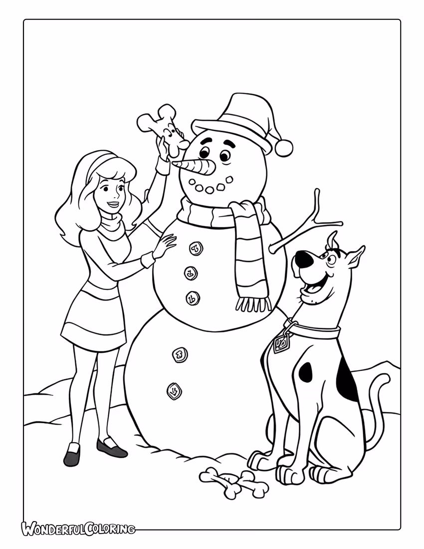 Scooby Doo Christmas coloring sheet of Daphne and Scooby with a snowman