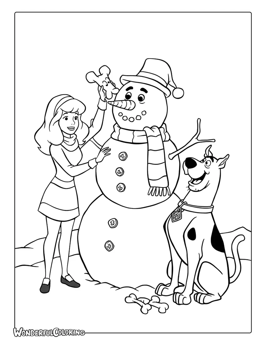 Scooby Doo Christmas coloring sheet of Daphne and Scooby with a snowman