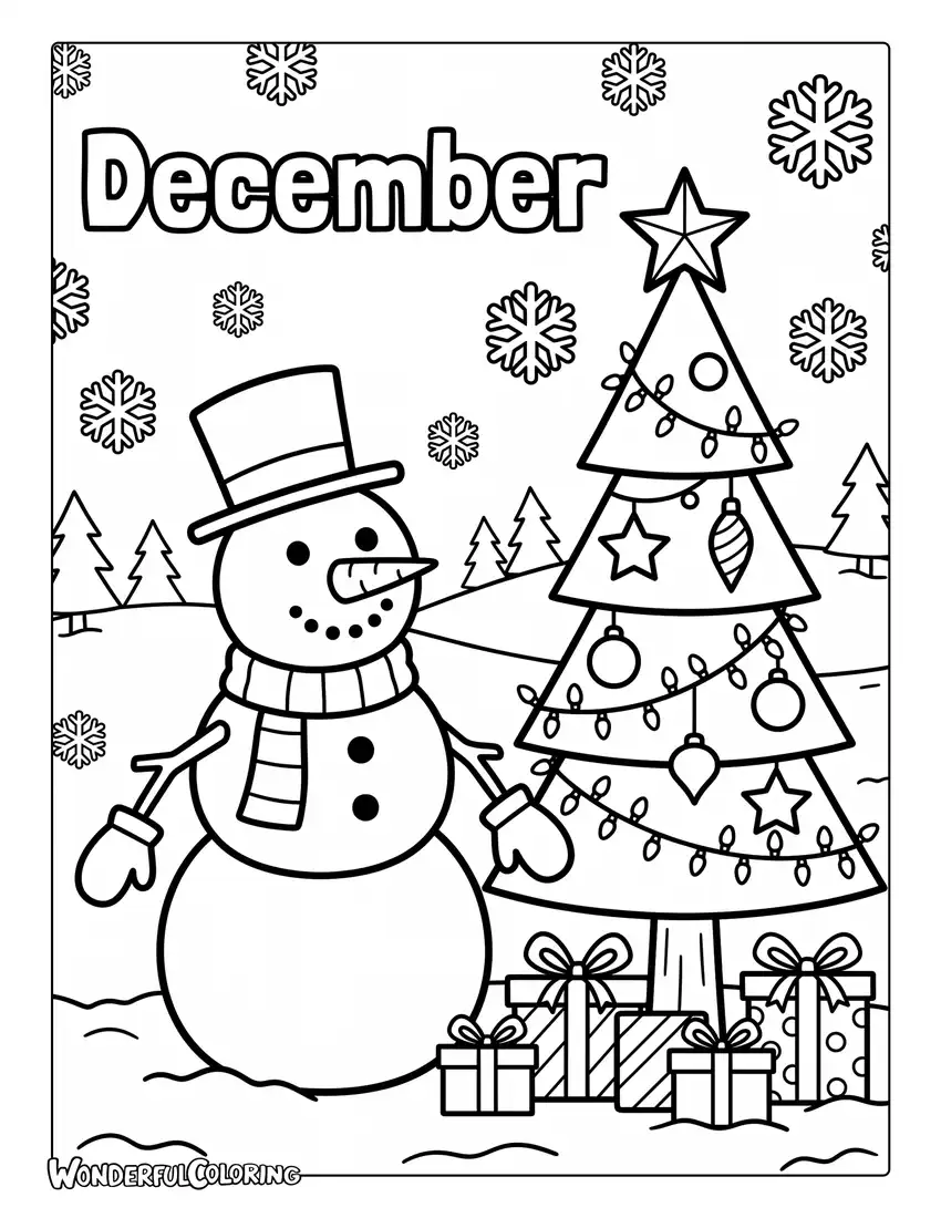 December winter coloring page with a snowman, Christmas tree, wrapped gifts, and decorative snowflakes