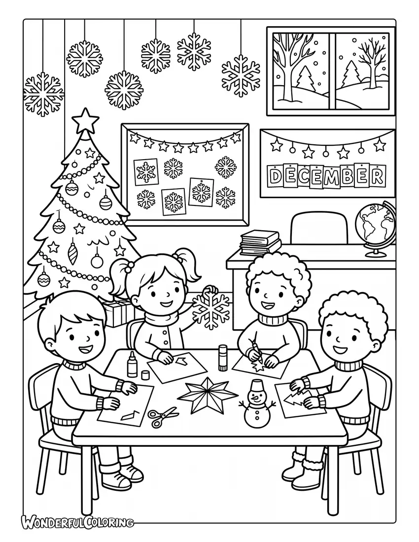 December classroom coloring page with paper snowflakes, a Christmas tree, and children making winter crafts