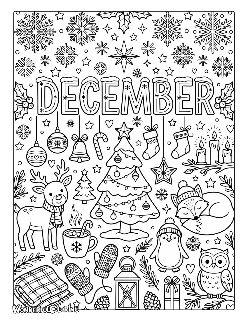 December winter collage coloring page with snowflakes, Christmas ornaments, winter animals, pine trees, and candles