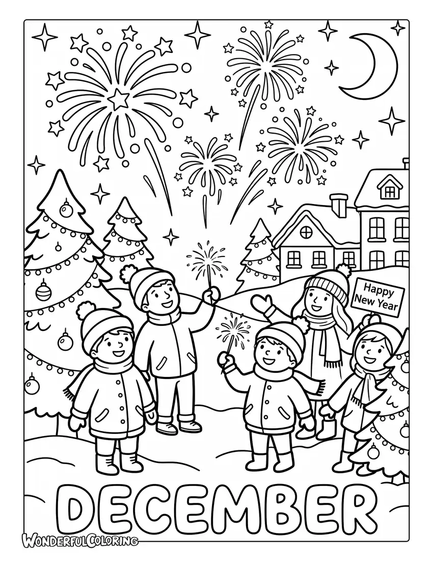 December celebration coloring page with fireworks, stars, winter decorations, and people celebrating the end of the year