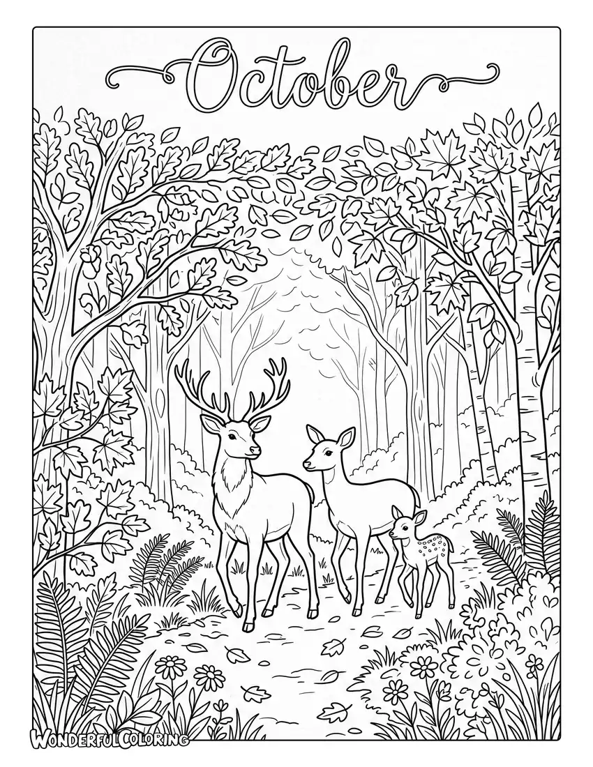 Deer family autumn forest coloring page with falling leaves, mist, and colorful trees