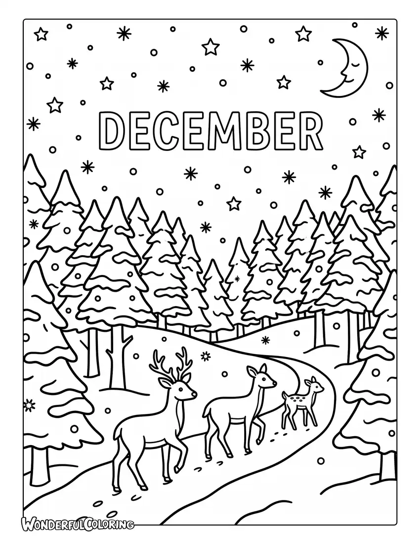 December deer coloring page with deer standing among snowy pine trees beneath a starry winter night sky